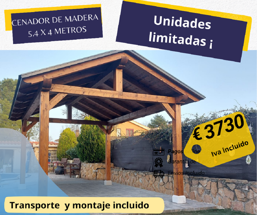 Cenador de madera a dos aguas 5,4x4m total cubierta
